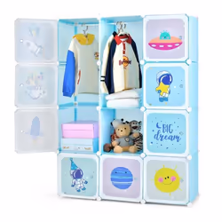 COSTWAY Armoire Meuble de Rangement pour Enfants 12 Cubes avec 2 Section Penderie Joli Assemblage facile 109 x 37 x 145cm Ble ...