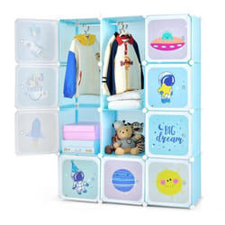COSTWAY Armoire Meuble de Rangement pour Enfants 12 Cubes avec 2 Section Penderie Joli Assemblage facile 109 x 37 x 145cm Bleu