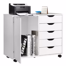 COSTWAY Caisson de Bureau avec Roues 5 Tiroirs Placard Poignée Incurvée Support Imprimante pour Bureau 79 x 39 x 65 cm Blanc