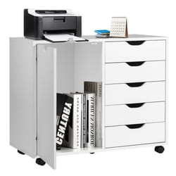 COSTWAY Caisson de Bureau avec Roues 5 Tiroirs Placard Poignée Incurvée Support Imprimante pour Bureau 79 x 39 x 65 cm Blanc