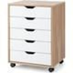 COSTWAY Caisson Mobile et Vertical à Roulettes avec 5 Tiroirs Poignée Incurvée et 2 Roues avec Frein 495 x 42 x 67 cm Nature