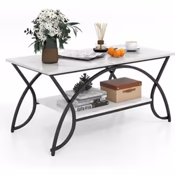 COSTWAY Table Basse Imprimée Marbre à 2 Niveaux 100x50x45 CM Table de Salon avec Cadre en Métal Noir Coussinets de Pied Régla ...