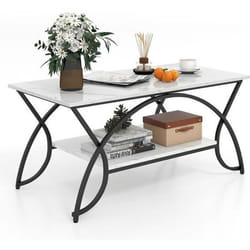 COSTWAY Table Basse Imprimée Marbre à 2 Niveaux 100x50x45 CM Table de Salon avec Cadre en Métal Noir Coussinets de Pied Réglables
