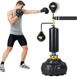 COSTWAY Sac de Frappe Boxe Autoportant 4 en 1 Hauteur Réglable 168-201cm 2 Balles de Vitesse Barre Pivotante Base Lestée de Sable