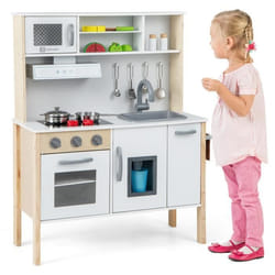 COSTWAY Cuisine Enfants en Bois 3-6 Ans - 18 Accessoires avec Évier Micro-ondes Blanc Dispositif Anti-basculement
