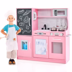 COSTWAY Cuisine Enfants 3 - 6 Ans en Bois avec Téléphone Tableau Noir Micro-ondes Machine de Glaçons 7 Accessoires Rose