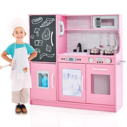 COSTWAY Cuisine Enfants 3 - 6 Ans en Bois avec Téléphone Tableau Noir Micro-ondes Machine de Glaçons 7 Accessoires Rose