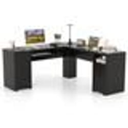 COSTWAY Bureau Informatique en Forme L Table d’Ordinateur dAngle avec Tiroirs Armoire et Plateau pour Clavier 168x168x76cm Noir