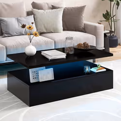 Table Basse Salon à 2 Niveaux- COSTWAY - 20 Lumières LED Réglables avec Télécommande - Table Basse Noir Brillant