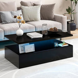 Table Basse Salon à 2 Niveaux- COSTWAY - 20 Lumières LED Réglables avec Télécommande - Table Basse Noir Brillant