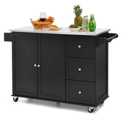 COSTWAY Desserte de Cuisine à Roulettes - Plateau Acier Inox. - îlot Chariot de Cuisine - 3 Tiroirs 2 Portes et Porte-épices Noir