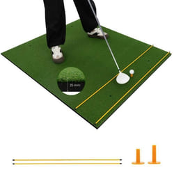 COSTWAY Tapis d’Entraînement de Golf 152 x 117 x 25cm avec 2 Positions de Tee et 2 Bâtons dAlignement 6 Trous de Tee Pré-percés