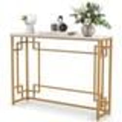 COSTWAY Console Meuble Entrée Effet Marbre - 110 x 30 x 81 CM - Table Console Style Chinois Cadre en Métal Doré Pour Couloir