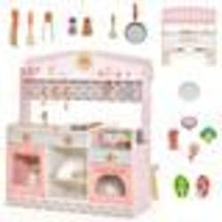 COSTWAY Cuisine Enfants 3-8 Ans 14 Accessoires 2 Face : Restaurant à autre côté Four à rôtir Barbecue Auvent réglable