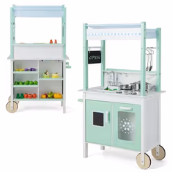 COSTWAY Cuisine Enfants 2 Faces - 17 Accessoires Bande Lumineuse Colorée avec 21 Modes avec Télécommande Toque Tablier 3 Ans+
