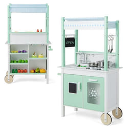 COSTWAY Cuisine Enfants 2 Faces - 17 Accessoires Bande Lumineuse Colorée avec 21 Modes avec Télécommande Toque Tablier 3 Ans+