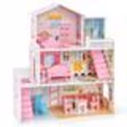 COSTWAY Maison de Poupée en Bois 11 Accessoires à 3 Etages 60 x 25 x 70 cm Cadeaux pour Enfants 3 Ans+ Rose
