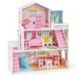 COSTWAY Maison de Poupée en Bois 11 Accessoires à 3 Etages 60 x 25 x 70 cm Cadeaux pour Enfants 3 Ans+ Rose