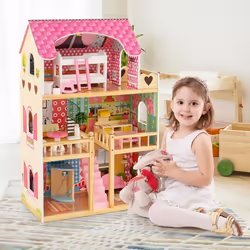 COSTWAY Maison de Poupée en Bois - 15 Accessoires à 3 Etages 59 x 30 x 91 CM Cadeaux pour Enfants 3 Ans+ Ros
