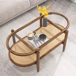 Table Basse Salon à 2 Niveaux COSTWAY Table Basse en Bois Ovale avec Étagère en Rotin PE Plateau en Verre Trempé 102 x 56 x 4 ...