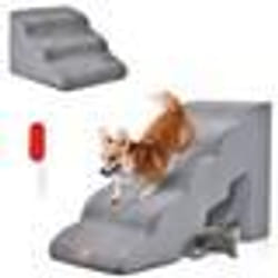 COSTWAY Lot de 2 Escaliers pour Animaux 5/3 Marches en Mousse - Rampe pour Chien/Chat - Fond Antidérapant Housse Amovible - Gris