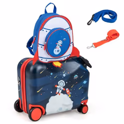 COSTWAY Valise Enfants à Roulettes 18” avec Sac à Dos 12” Roues Coque Imperméable Poignée Rétractable Astronaute 3 Ans+ Noir