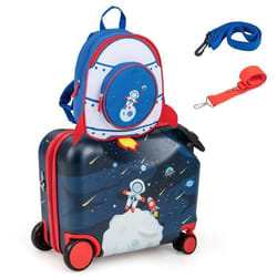 COSTWAY Valise Enfants à Roulettes 18” avec Sac à Dos 12” Roues Coque Imperméable Poignée Rétractable Astronaute 3 Ans+ Noir
