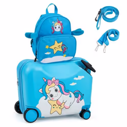 COSTWAY Valise Enfants à Roulettes 18” avec Sac à Dos 12” Roues Coque Imperméable Poignée Rétractable Licorne 3 Ans+ Bleu