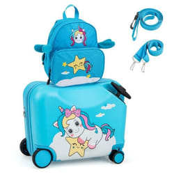 COSTWAY Valise Enfants à Roulettes 18” avec Sac à Dos 12” Roues Coque Imperméable Poignée Rétractable Licorne 3 Ans+ Bleu