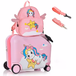 COSTWAY Valise Enfants à Roulettes 18” avec Sac à Dos 12” Roues Coque Imperméable Poignée Rétractable Licorne 3 Ans+ Rose
