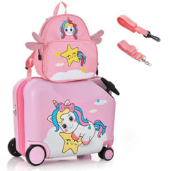 COSTWAY Valise Enfants à Roulettes 18” avec Sac à Dos 12” Roues Coque Imperméable Poignée Rétractable Licorne 3 Ans+ Rose