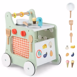 COSTWAY 6 en 1 Chariot de Marche en Bois avec Centre de Jouets Cuisine de Jeu Horloge Trotteur pour Enfant 1An+ Jouet