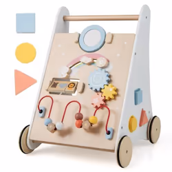 COSTWAY 7 en 1 Chariot de Marche en Bois avec Centre de Jouets Miroirs Blocs et Engrenages Trotteur pour 1 An+ Jouet Montesso ...