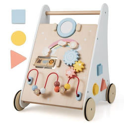COSTWAY 7 en 1 Chariot de Marche en Bois avec Centre de Jouets Miroirs Blocs et Engrenages Trotteur pour 1 An+ Jouet Montessori