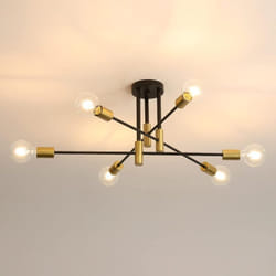 Plafonnier Industriel Noir et Or, Suspension Plafond E27, Lustre Industriel 6 Têtes pour Chambre et Salon (Ampoules Non Incluses) - Goeco