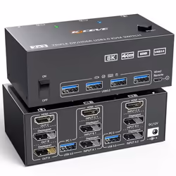 Commutateur KVM - Camgeet - Triple Moniteur HDMI + 2 Displayport - 4 Ports USB 3.0 - Résolution 8K à 60 Hz