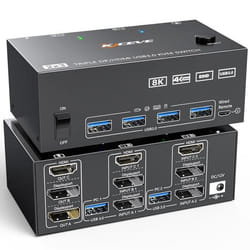 Commutateur KVM - Camgeet - Triple Moniteur HDMI + 2 Displayport - 4 Ports USB 3.0 - Résolution 8K à 60 Hz