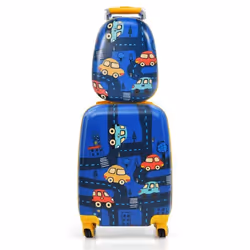 Ensemble 2 Valises pour Enfants - COSTWAY - Thème : Voiture Bleu - Poignée Rétractable - Film Protecteur