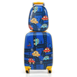 Ensemble 2 Valises pour Enfants - COSTWAY - Thème : Voiture Bleu - Poignée Rétractable - Film Protecteur