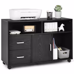 COSTWAY Caisson de Bureau à Roulettes Support dImprimante - 3 Niche 2 Tiroirs 1 Placard avec Grand Plateau Noir