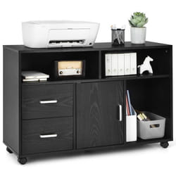 COSTWAY Caisson de Bureau à Roulettes Support dImprimante - 3 Niche 2 Tiroirs 1 Placard avec Grand Plateau Noir
