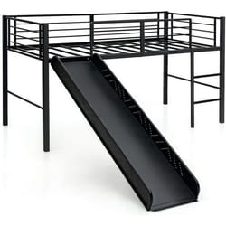 COSTWAY Lit Mezzanine 90 x 190 cm en Métal avec 4 Garde-corps de SécuritéEchelle à 2 Marches et Toboggan Matelas non Inclus Noir