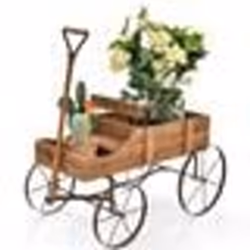 COSTWAY Brouette de Jardin Décorative en Bois-2 Compartiments à Planter-Roues Métalliques-Poignée-Charge 15kg-CourVéranda-Mar ...