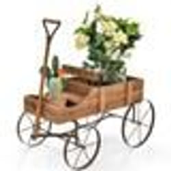 COSTWAY Brouette de Jardin Décorative en Bois-2 Compartiments à Planter-Roues Métalliques-Poignée-Charge 15kg-CourVéranda-Marron