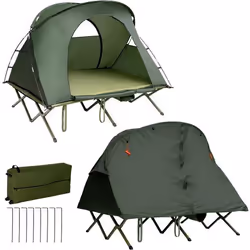 COSTWAY Tente Camping Surélevée pour 2 Personnes Matelas Auto-gonflant Sac Transport à Roulettes Double Toit Crochet de Lampe ...