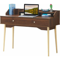 Costway - Bureau Moderne avec Tiroiret Étagère, 120 x 50 x 93 cm, Table d'Écriture avec Dispositif Anti-basculement, Café