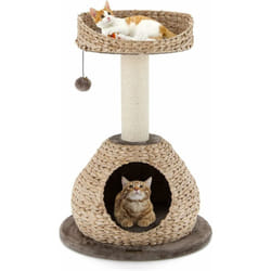 Arbre à Chat, h 70,5 cm, avec Griffoir, Niche et Pompon Suspendu, Centre d'Activités pour Chat et Chaton, Naturel et Café - Costway