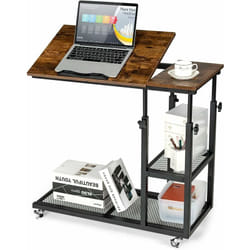 Table d'Appoint en Forme de c, Plateau Réglable, Roulettes Verrouillables, Cadre en Acier, Style Industriel, Brun - Costway