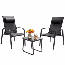 COSTWAY Ensemble Salon de Jardin 2 Chaises avec Dossier Réglable à 3 niveaux Table Basse en Verre Trempé en Tissu Textilène N ...