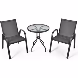 COSTWAY Salon de Jardin 3 Pièces - 1 Table de Jardin Exterieur avec 2 Fauteuils Plateau Ø 60 cm en Verre Trempé Cadre en Acie ...